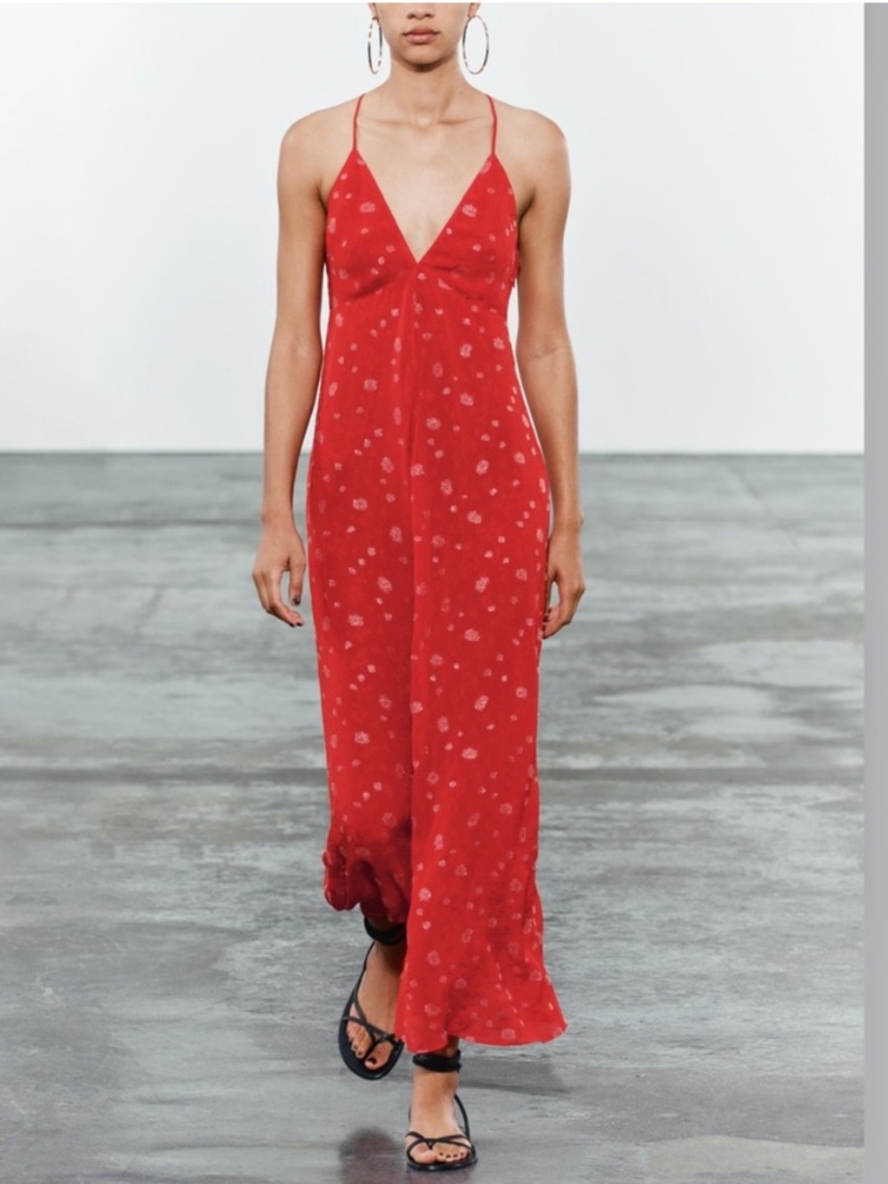 Zara collection v-neck floral print jacquard accent long red strappy dress sz.M